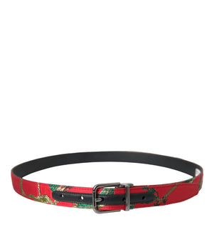 Dolce & Gabbana Red Leather Jacquard Silver Metal Buckle Belt
