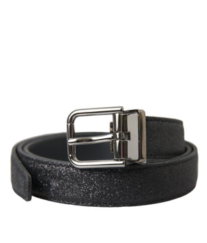 Dolce & Gabbana Black Glittered Leather Silver Buckle Belt