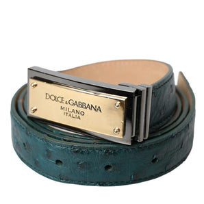 Dolce & Gabbana Green Leather Gold Logo Engraved Buckle Belt