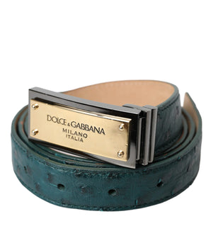 Dolce & Gabbana Green Leather Gold Logo Engraved Buckle Belt