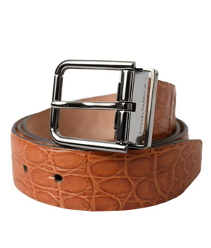 Dolce & Gabbana Brown Exotic Leather Silver Metal Buckle Belt