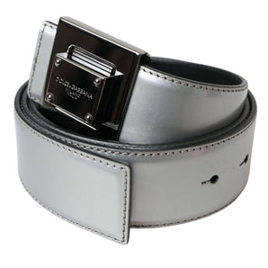 Dolce & Gabbana Silver Leather Square Metal Buckle Belt