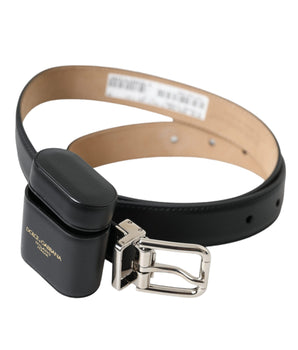 Dolce & Gabbana Black Leather Airpods Case Silver Buckle Belt