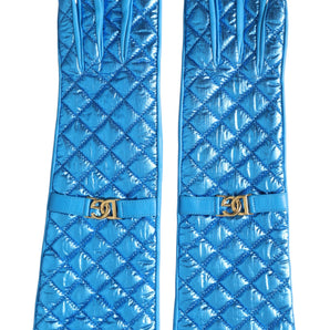 Dolce & Gabbana Blue Leather Quilted Mid Arm Length Gloves