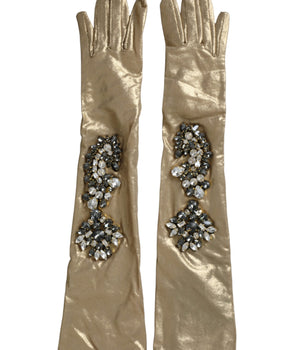 Dolce &amp; Gabbana Beige Satin Crystal Elbow Length Gloves