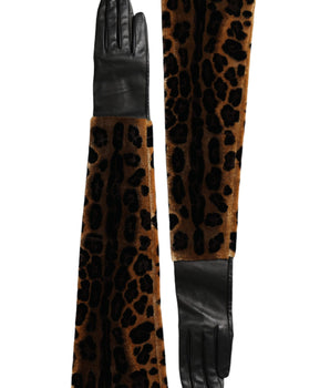 Dolce &amp; Gabbana Brown Black Leopard Leather Elbow Length Gloves