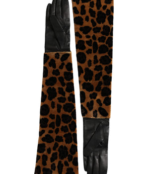 Dolce &amp; Gabbana Brown Black Leopard Leather Elbow Length Gloves