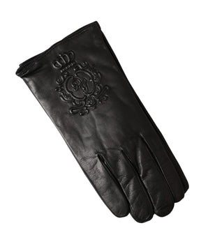 Dolce &amp; Gabbana Black Leather Embossed Logo Short Hands Gloves