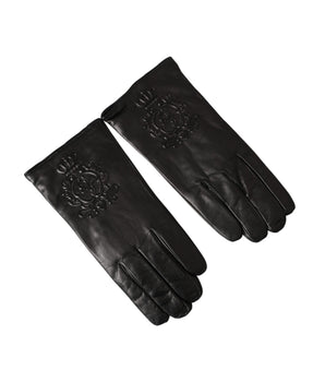 Dolce &amp; Gabbana Black Leather Embossed Logo Short Hands Gloves