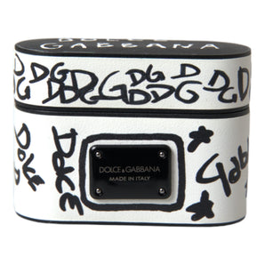 Dolce & Gabbana Black White Leather Scribble Embossed Logo Airpods Case