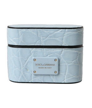 Dolce &amp; Gabbana Light Blue Leather Metal Logo Plaque Airpods Case