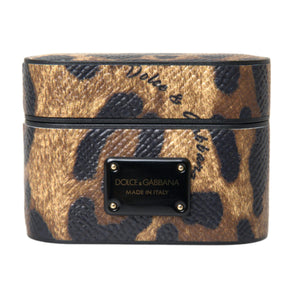 Dolce &amp; Gabbana Estuche para Airpods con placa de metal y piel de becerro con estampado de leopardo marrón