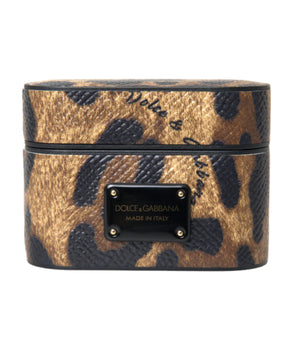 Dolce &amp; Gabbana Brown Leopard Calf Leather Metal Logo Plaque Airpods Case