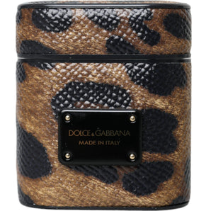 Dolce &amp; Gabbana Estuche para Airpods con placa de metal y piel de becerro con estampado de leopardo marrón