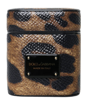 Dolce &amp; Gabbana Brown Leopard Calf Leather Metal Logo Plaque Airpods Case