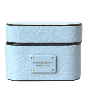 Dolce &amp; Gabbana Light Blue Leather Metal Logo Plaque Airpods Case