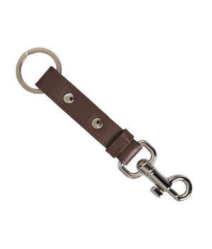 Dolce &amp; Gabbana Brown Plain Leather Silver Brass Keyring Holder Keychain