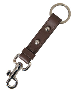 Dolce &amp; Gabbana Brown Plain Leather Silver Brass Keyring Holder Keychain