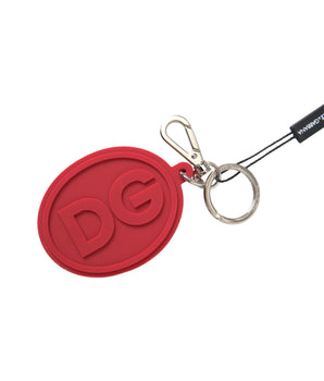 Dolce &amp; Gabbana Llavero de metal de latón plateado con logotipo DG de caucho rojo
