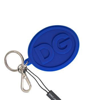 Dolce & Gabbana Blue Rubber DG Logo Silver Brass Metal Keyring Keychain