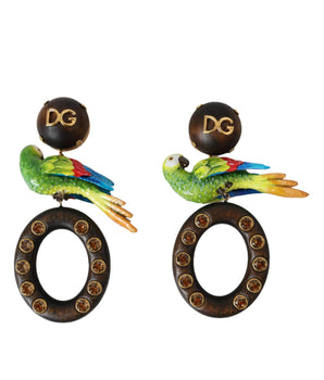 Dolce &amp; Gabbana Multicolor Parrot Wood Brass Crystal Embellished Earrings