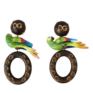 Dolce & Gabbana Multicolor Parrot Wood Brass Crystal Embellished Earrings