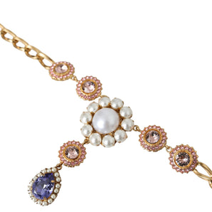 Dolce & Gabbana Gold Brass Crystal Purple Pink Pearl Pendants Necklace