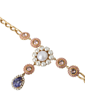 Dolce & Gabbana Gold Brass Crystal Purple Pink Pearl Pendants Necklace