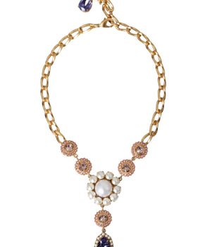 Dolce & Gabbana Gold Brass Crystal Purple Pink Pearl Pendants Necklace