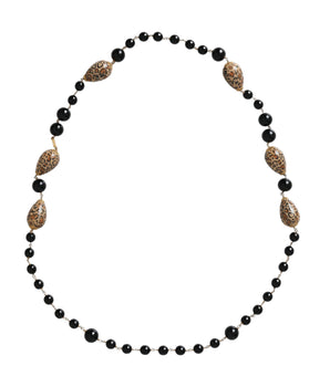 Dolce & Gabbana Gold Tone Brass Black Printed Beaded Long Chain Necklace