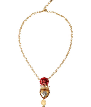 Dolce & Gabbana Gold BrassChain Sacred Heart Rose Crystal Charm Necklace