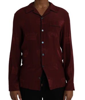Dolce & Gabbana Maroon Crown Jacquard Silk Long Sleeve Shirt
