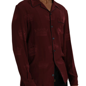 Dolce & Gabbana Maroon Crown Jacquard Silk Long Sleeve Shirt