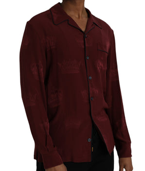 Dolce & Gabbana Maroon Crown Jacquard Silk Long Sleeve Shirt