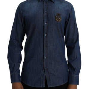 Dolce & Gabbana Blue Crown Bee Cotton Denim GOLD Shirt