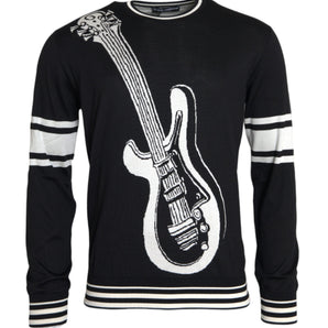 Dolce & Gabbana Black White Guitar Print Silk Pullover Sweater