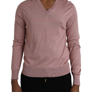 Dolce & Gabbana Pink Silk V-neck Long Sleeve Pullover Sweater