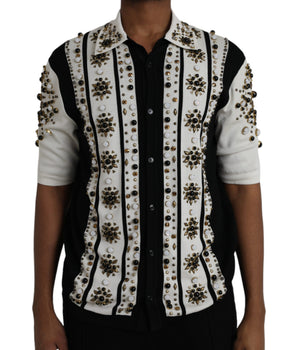 Dolce &amp; Gabbana Camisa de cristal de piedra con tachuelas de seda blanca y negra