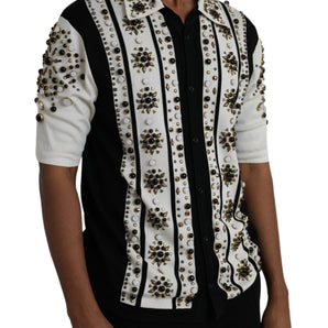 Dolce & Gabbana White Black Silk Studded Stone Crystal Shirt