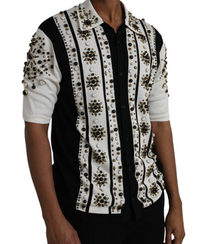 Dolce &amp; Gabbana Camisa de cristal de piedra con tachuelas de seda blanca y negra