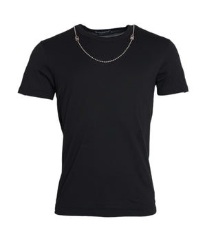 Dolce & Gabbana Black Cotton Silver Chain Short Sleeve T-shirt