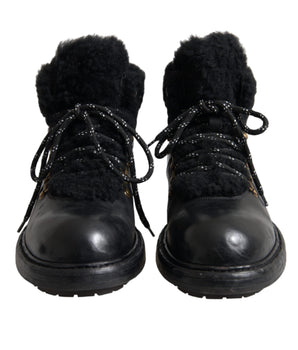 Dolce & Gabbana Black Leather Bernini Shearling Boots Shoes