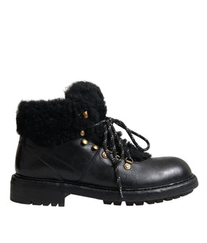 Dolce & Gabbana Black Leather Bernini Shearling Boots Shoes