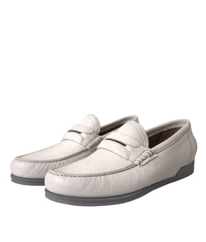 Dolce &amp; Gabbana White Gray Leather Slip Mocassin Shoes Loafer