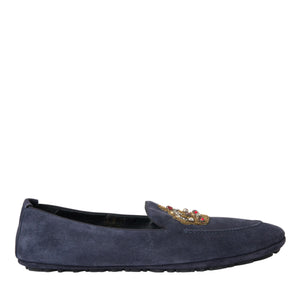 Dolce & Gabbana Blue Leather Suede Crystal Crown Loafers Shoes