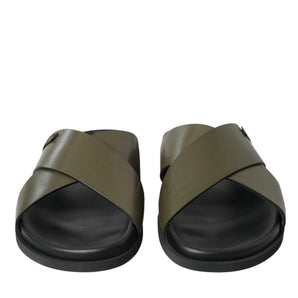 Dolce & Gabbana Green Leather Criss-Cross Slide Sandals Shoes