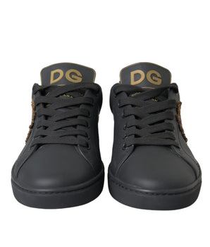 Dolce & Gabbana Black Leather Heart Embellished Sneakers Shoes