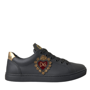 Dolce & Gabbana Black Leather Heart Embellished Sneakers Shoes