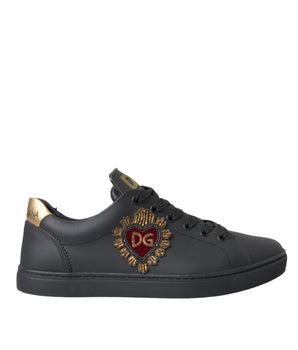 Dolce & Gabbana Black Leather Heart Embellished Sneakers Shoes