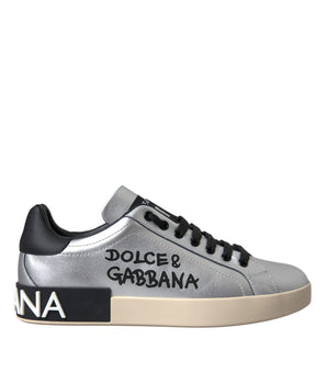 Dolce &amp; Gabbana Silver Portofino Calf Leather Sneakers Men Shoes